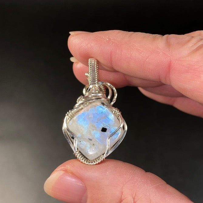 Blue Rainbow Flash Moonstone & Sterling Silver Wire Wrapped Pendant