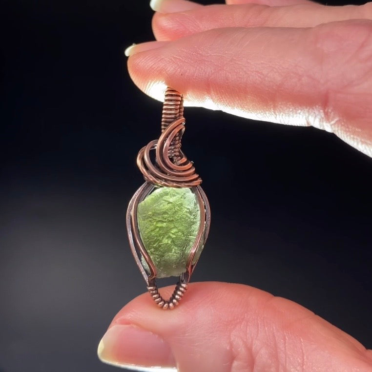 Genuine Moldavite and Copper Wire Wrapped Pendant