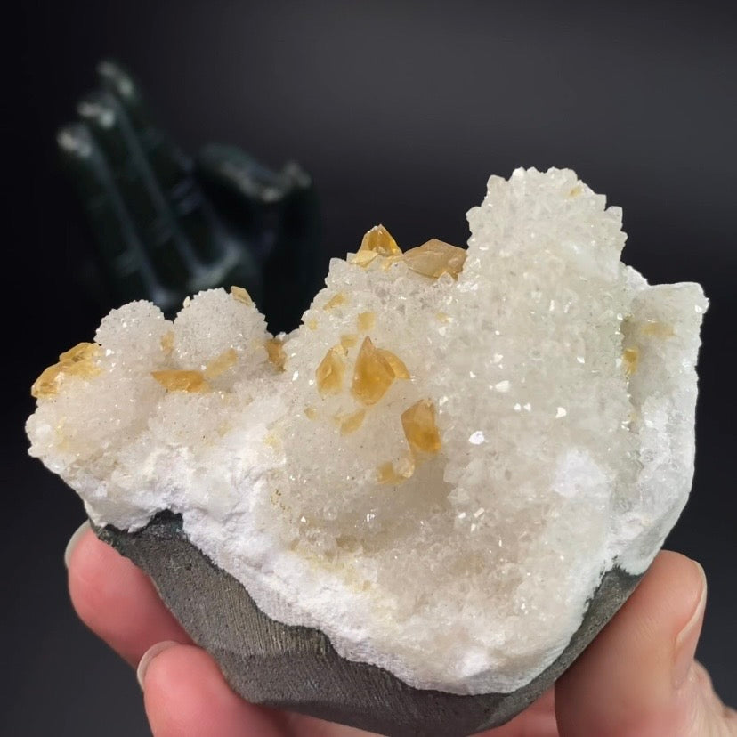 Phosphorescent Golden Honey Calcite Crystals on Druzy Quartz in Basalt Pocket
