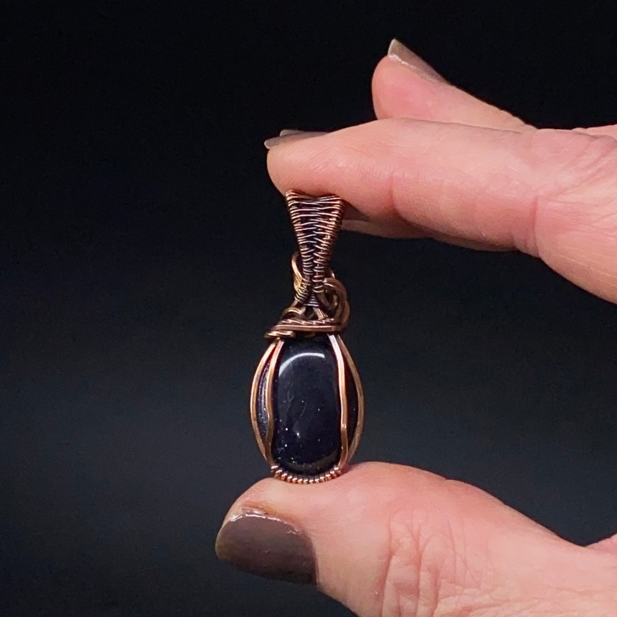 Sparkly Blue Goldstone & Copper Handmade Wire Wrapped Pendant