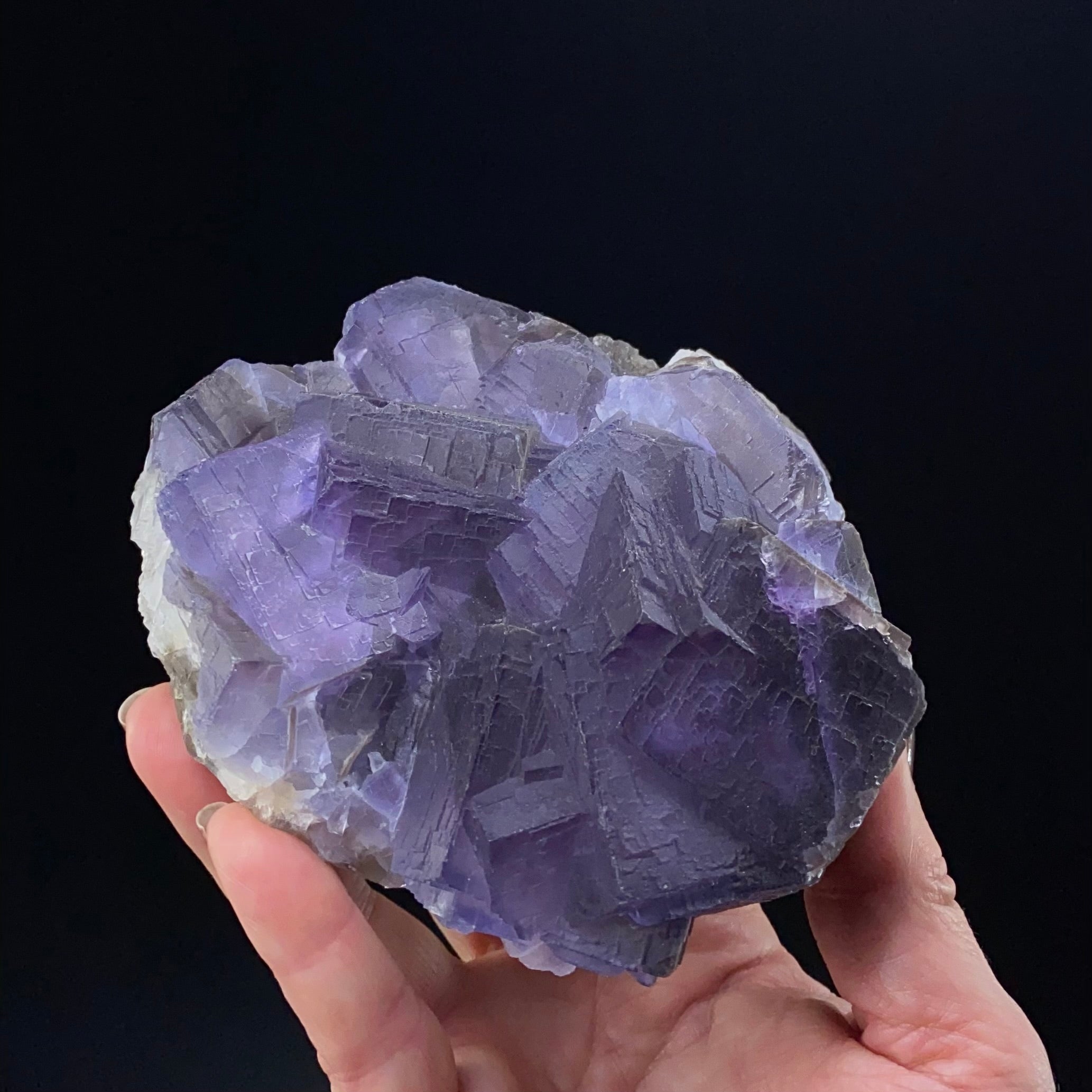 Purple and Blue Stepped Cubic Fluorite Cluster with Calcite, Fluorescent