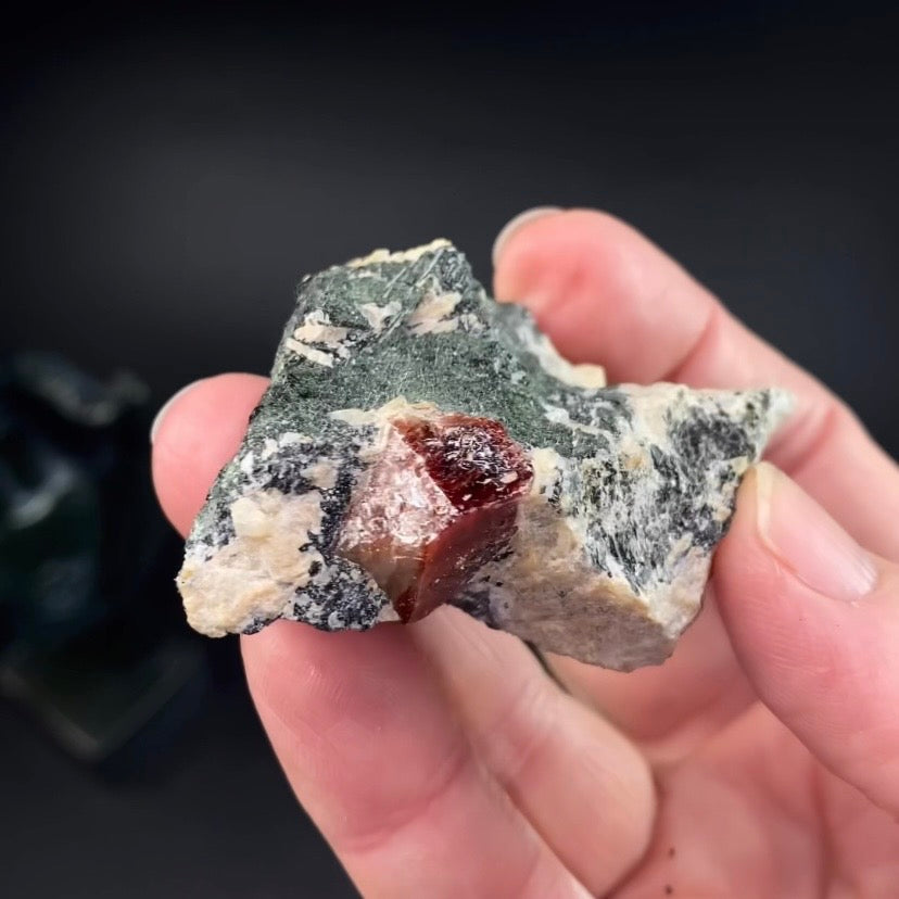 Zircon Crystal with Fluorescent Apatite Inclusions, Biotite-Calcite Aegirine matrix, Astore Valley, Pakistan