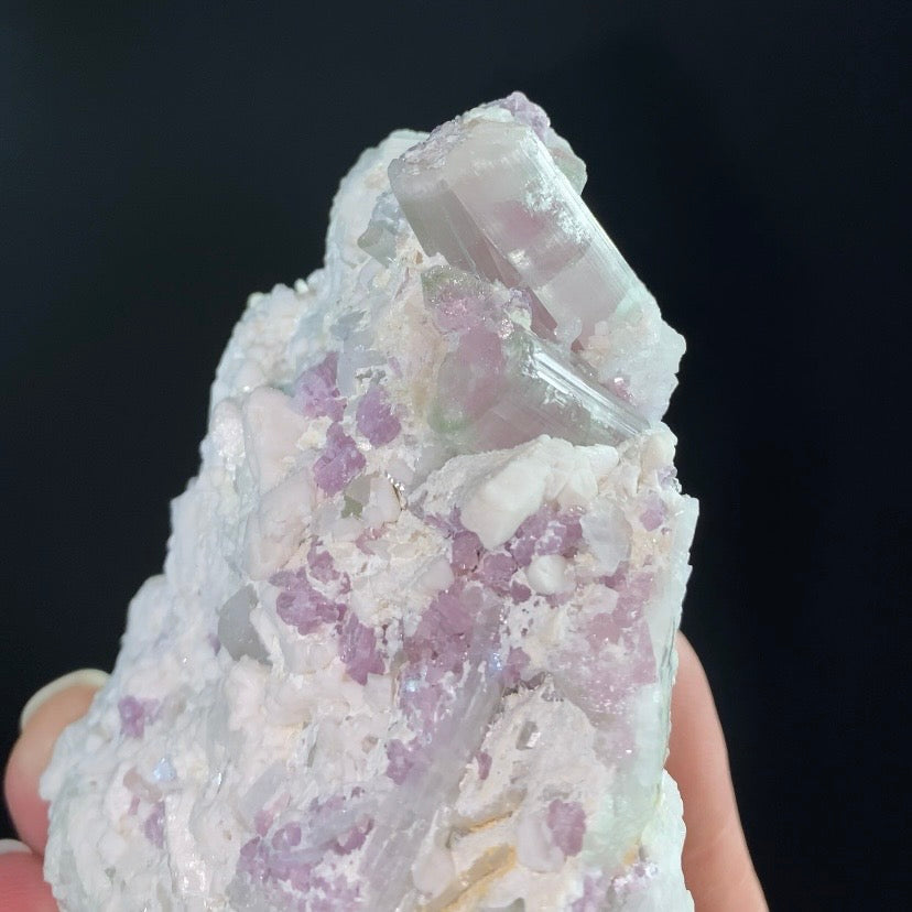 Pale Green & Pink Watermelon Tourmaline Crystals with Lepidolite & Feldspar