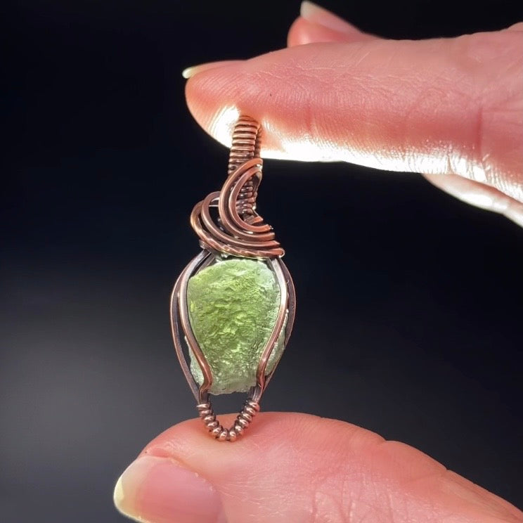 Genuine Moldavite and Copper Wire Wrapped Pendant