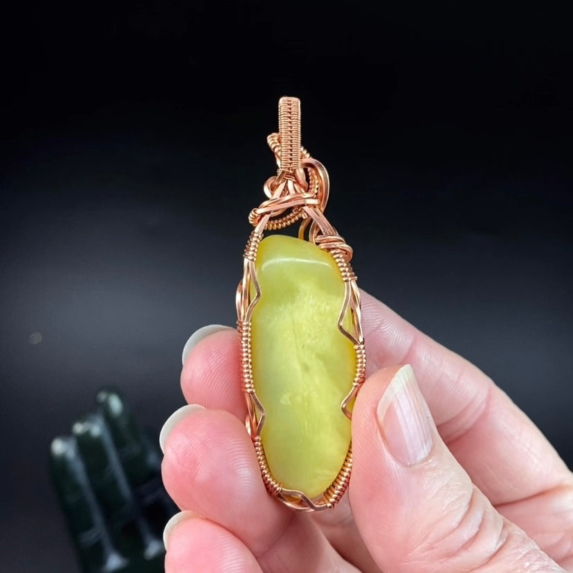 Noble Serpentine Healerite and Raw Copper Wire Wrapped Pendant