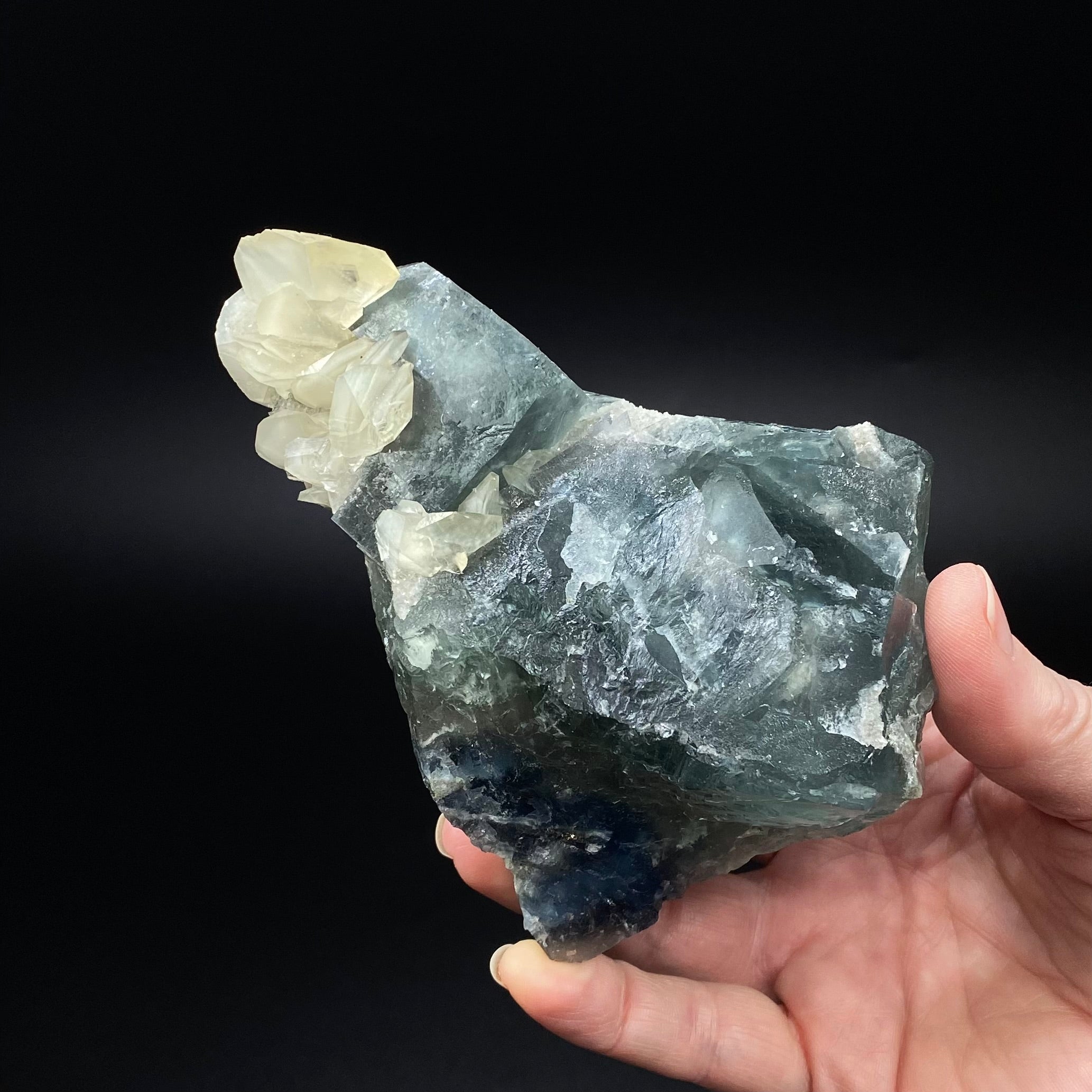 Teal Green Cubic Fluorite Cluster with Calcite & Druzy Quartz