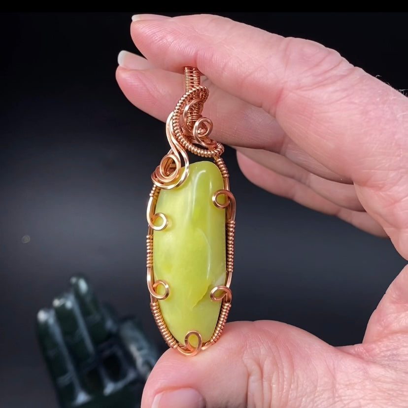 Noble Serpentine Healerite and Raw Copper Wire Wrapped Pendant