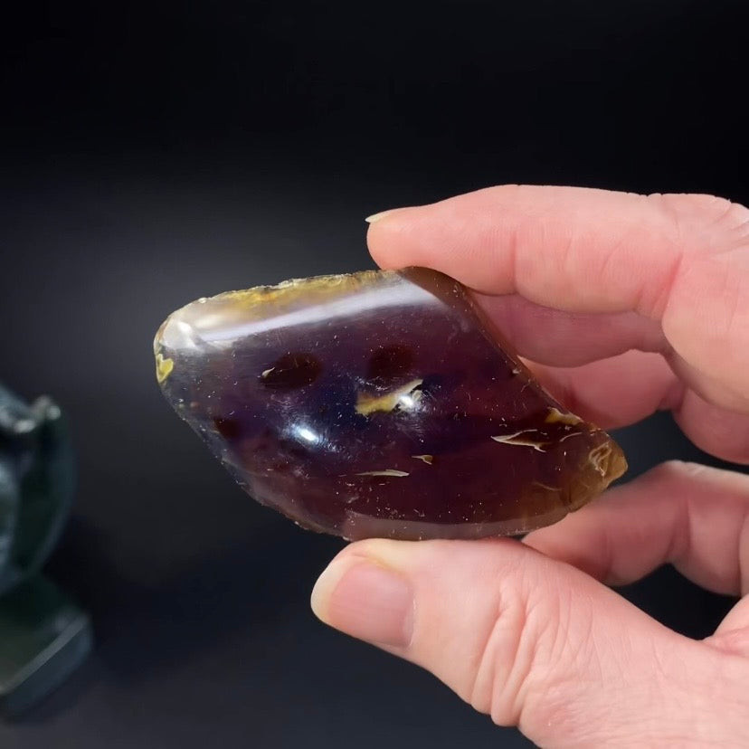 High Grade Sumatran Blue Amber Polished Display Face and Raw Exterior