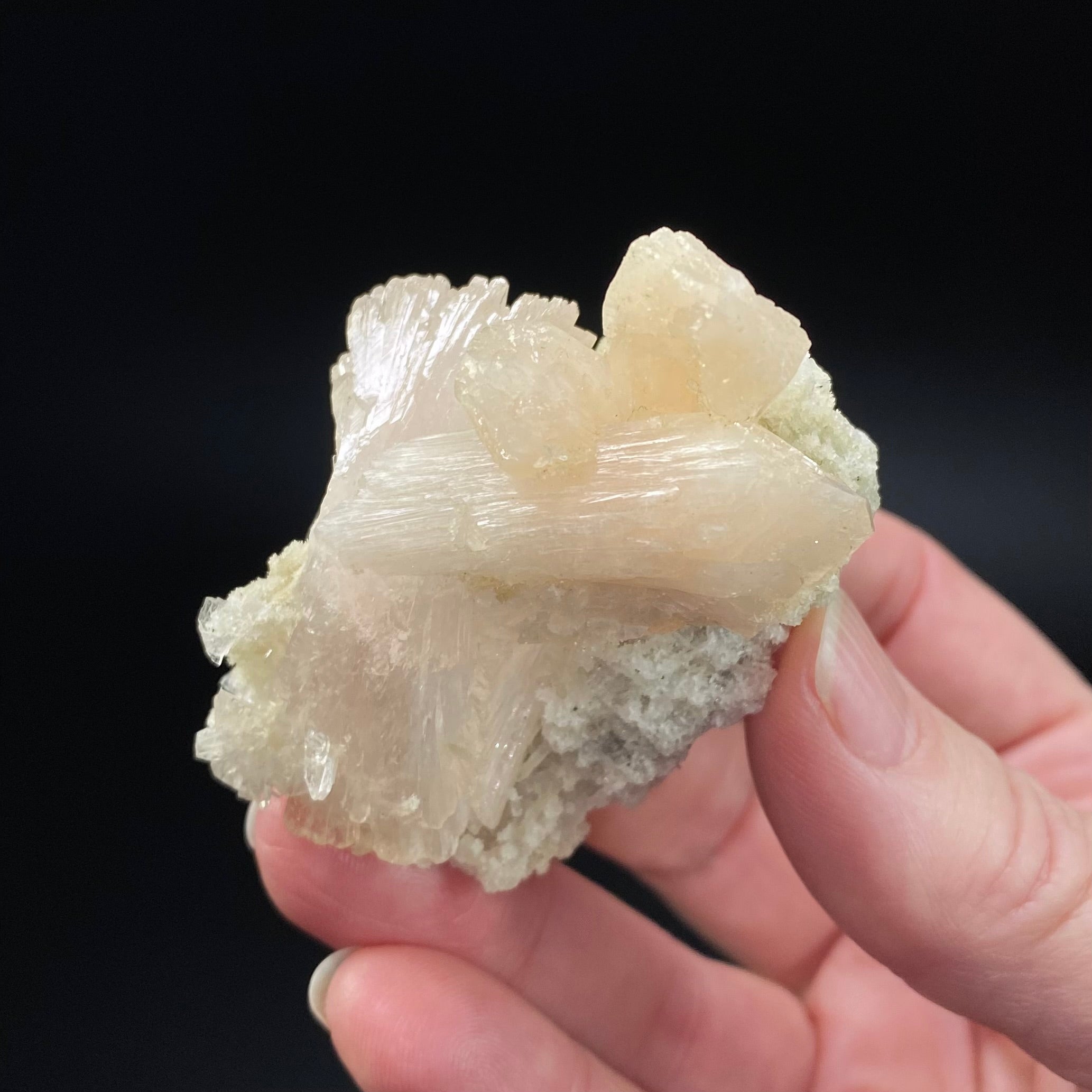 Light Pink Gemmy Heulandite Crystals with Light Peach Stilbite Crystals on a Base of Apophyllite