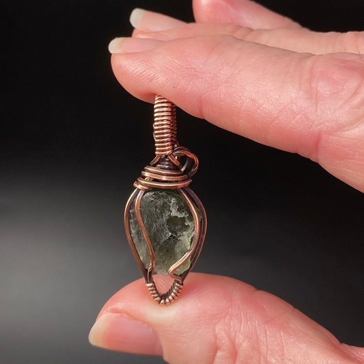 Genuine Moldavite and Copper Wire Wrapped Pendant