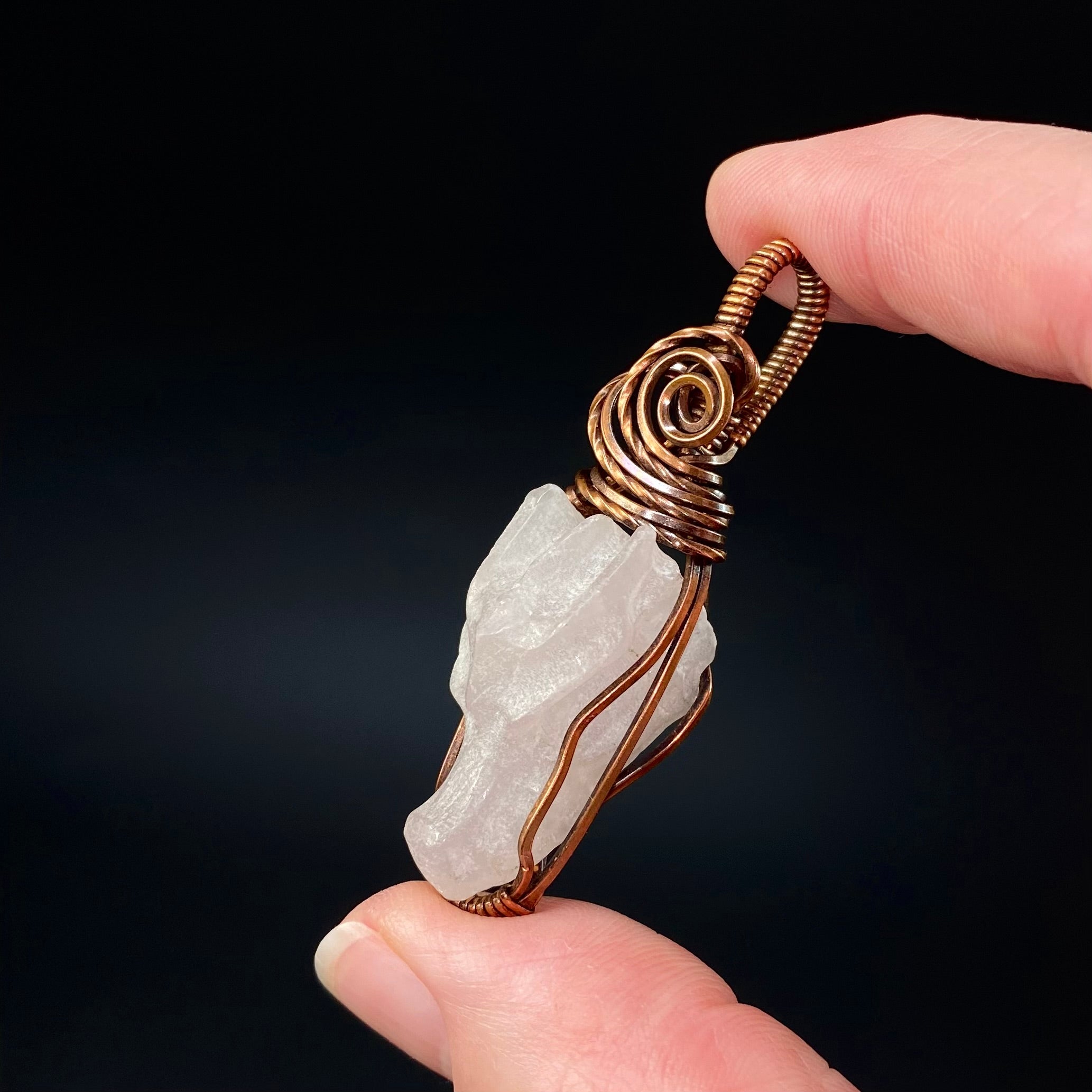 Rose Quartz Dragon and Copper Wire Wrapped Pendant