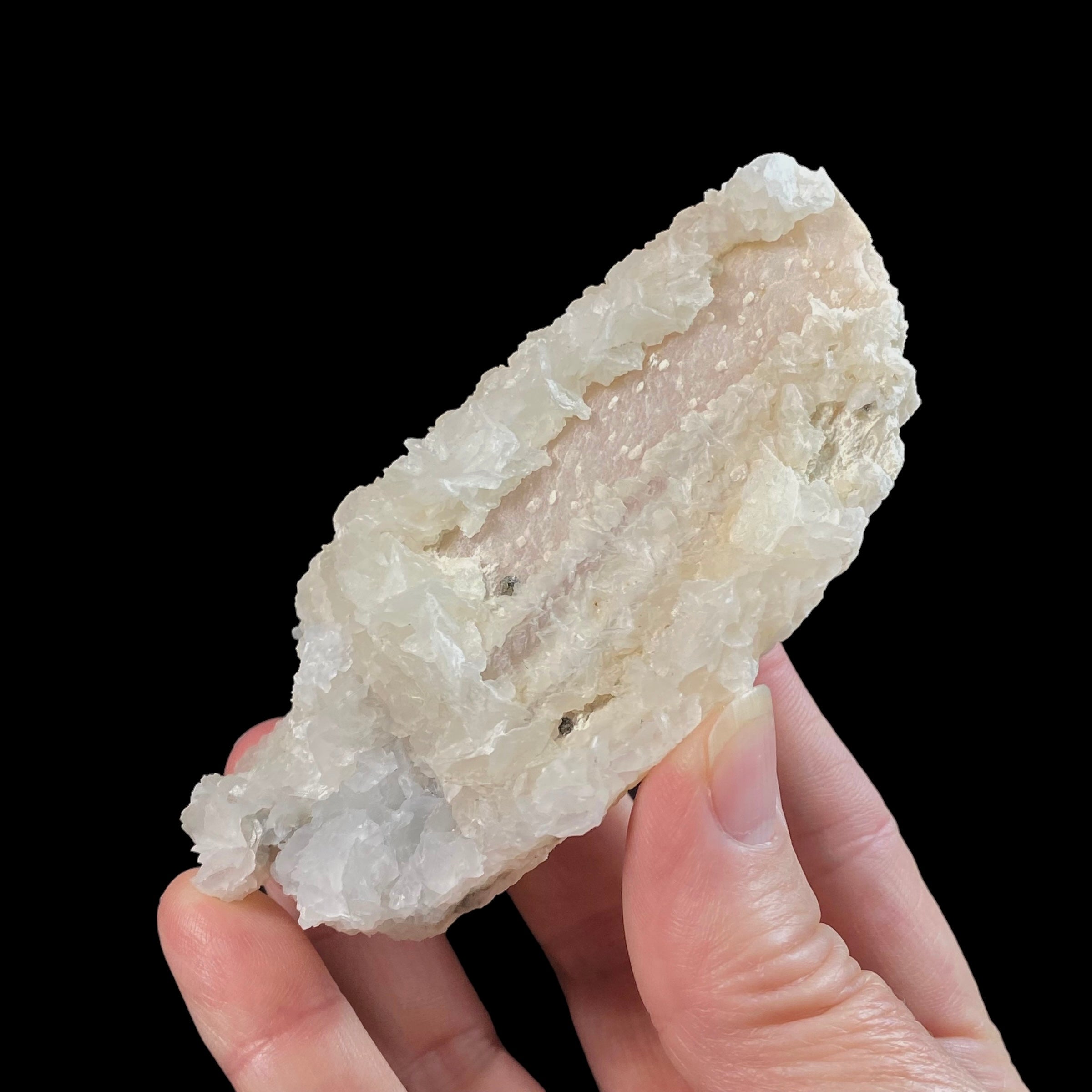 Fluorescent Mangano Calcite Covered in Clear Light Pink Calcite Crystals from Kosovo