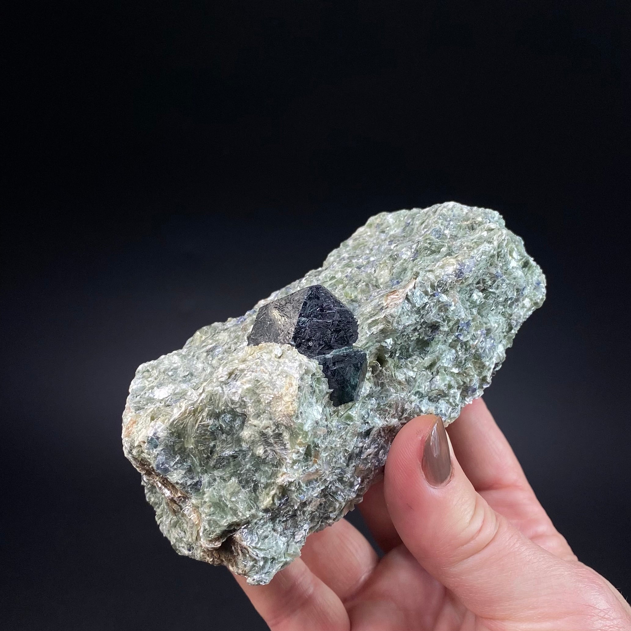 Dark Blue Dravite, Uvite in a Beautiful Green Mica Rich Matrix with Sapphires