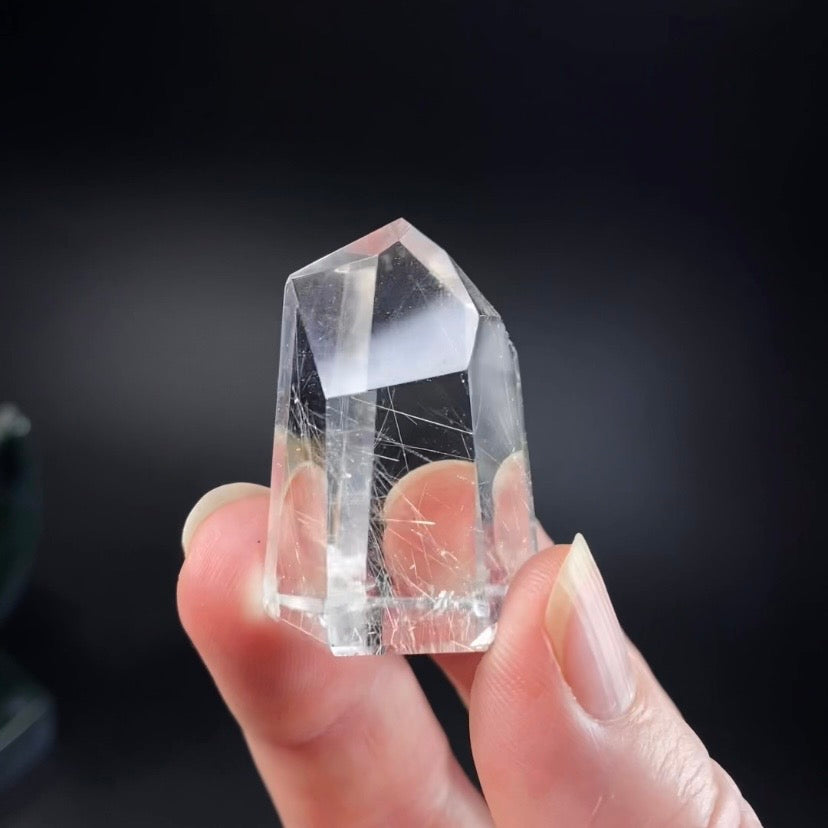 Polished Clear Quartz Crystal with Silver Rutile from Minas Gerais, Brazil