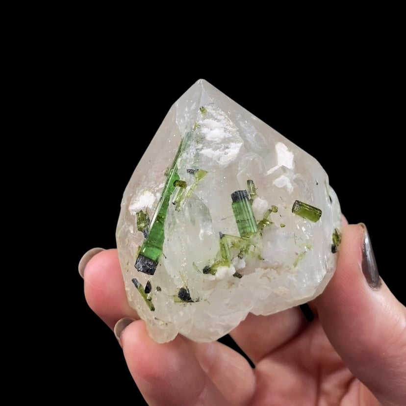 Bicolor Green Tourmaline Crystals on Double Terminated Quartz Crystal, Laghman, Afghanistan