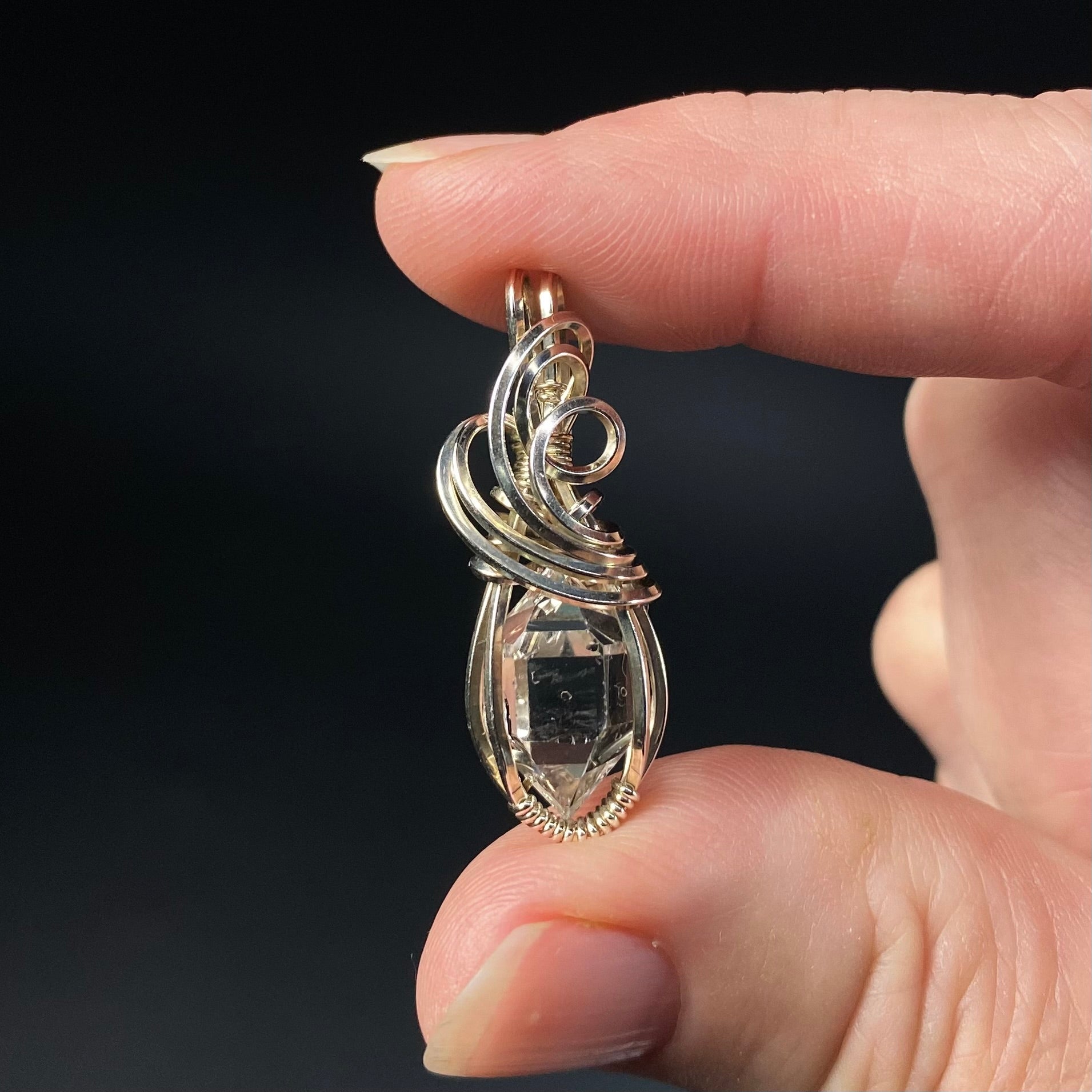 Herkimer Diamond Quartz Crystal with Imprint, and Sterling Silver Wire Wrapped Pendant
