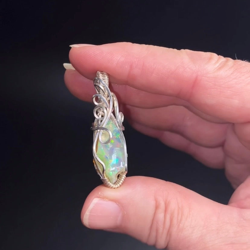 Ethiopian Welo Opal & Sterling Silver Wire Wrapped Pendant