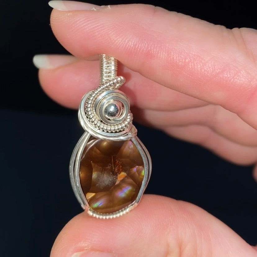 Mexican Fire Agate & Sterling Silver Wire Wrapped Pendant