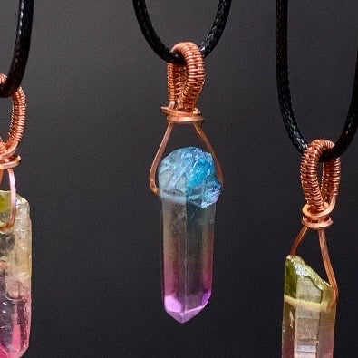 Raw Aura Quartz Crystal & Copper Simple Wire Wrapped Pendant