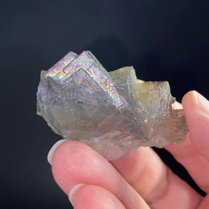 Blue and Gray Cubic Fluorite Cluster with Rainbow Iridescent Iron Oxide Surface