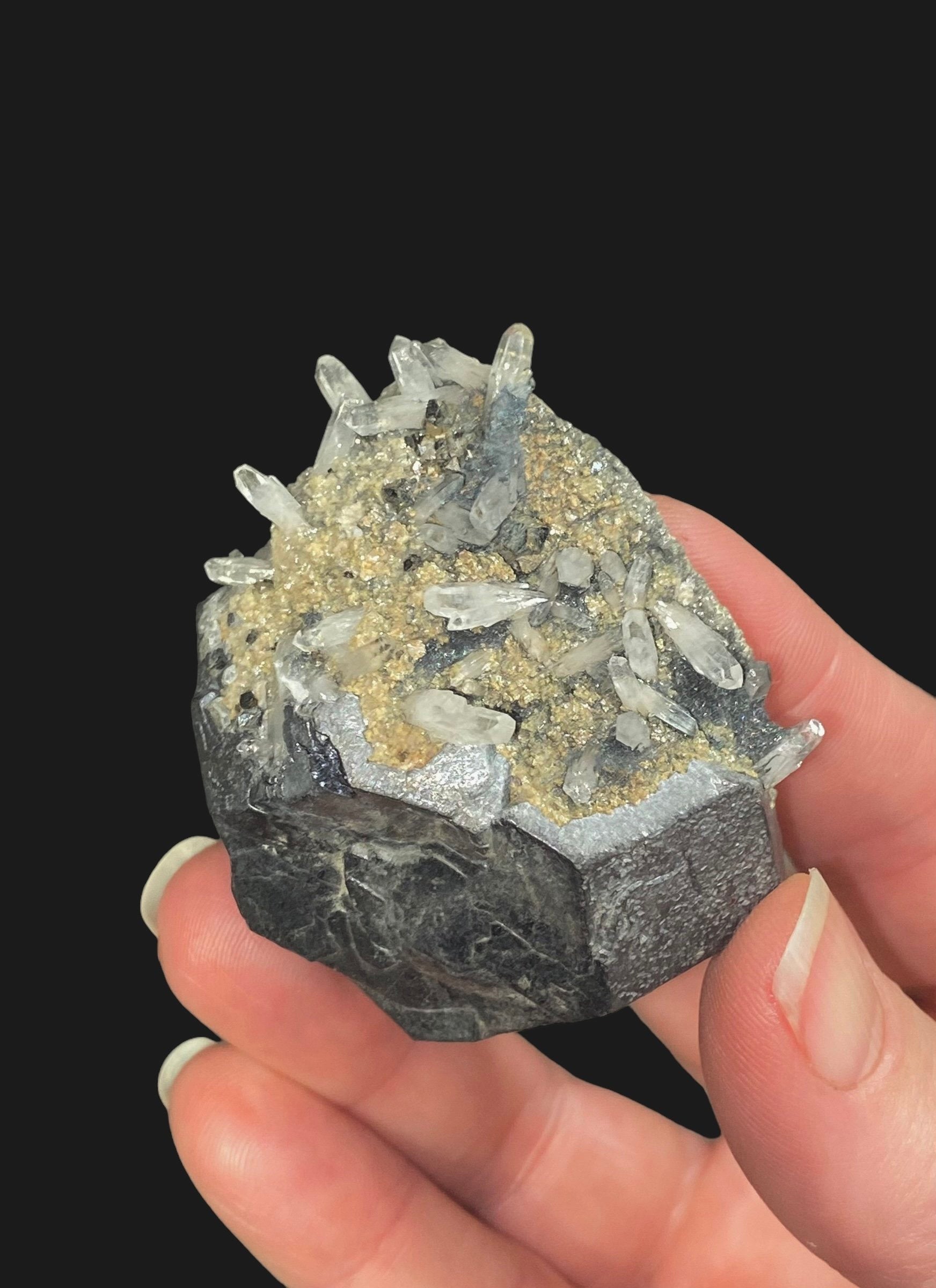 Kosovo Natural Galena Crystal Cluster with Clear Tipped Quartz Crystals and Tan Dolomite from Trepça Mines Kosovo
