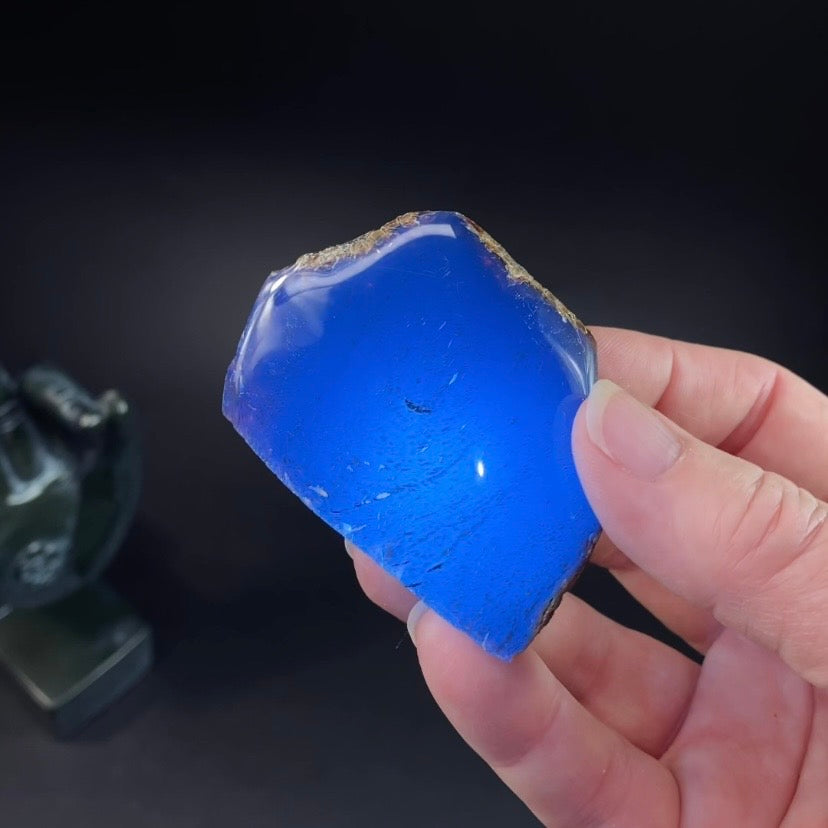 High Grade Sumatran Blue Amber Polished Display Face and Raw Exterior