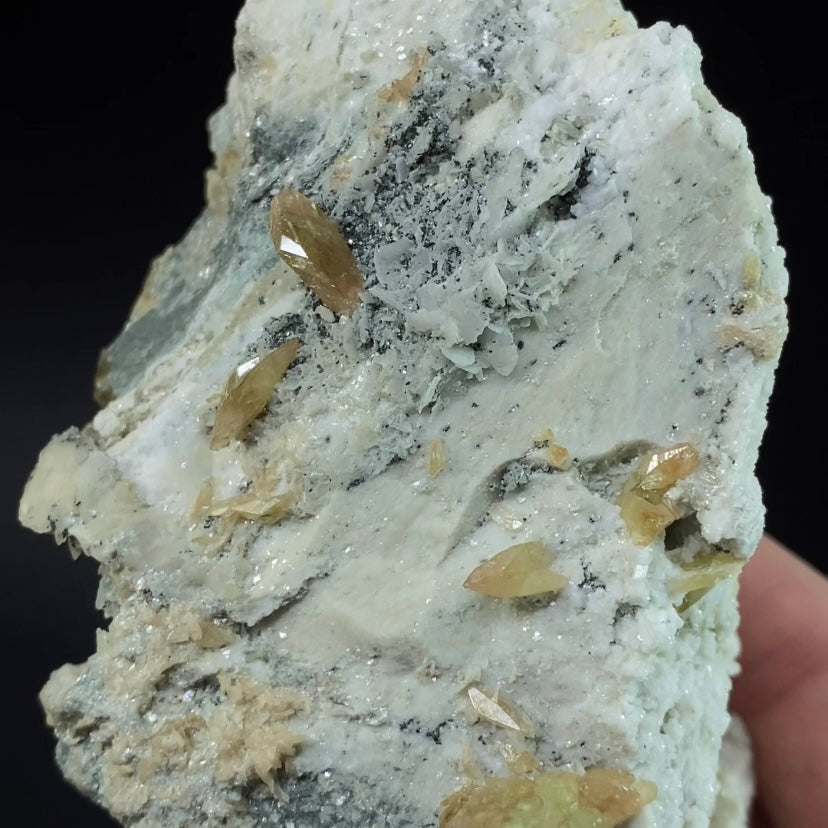 Yellow Colored Titanite Crystals on Albite and Colusite Matrix