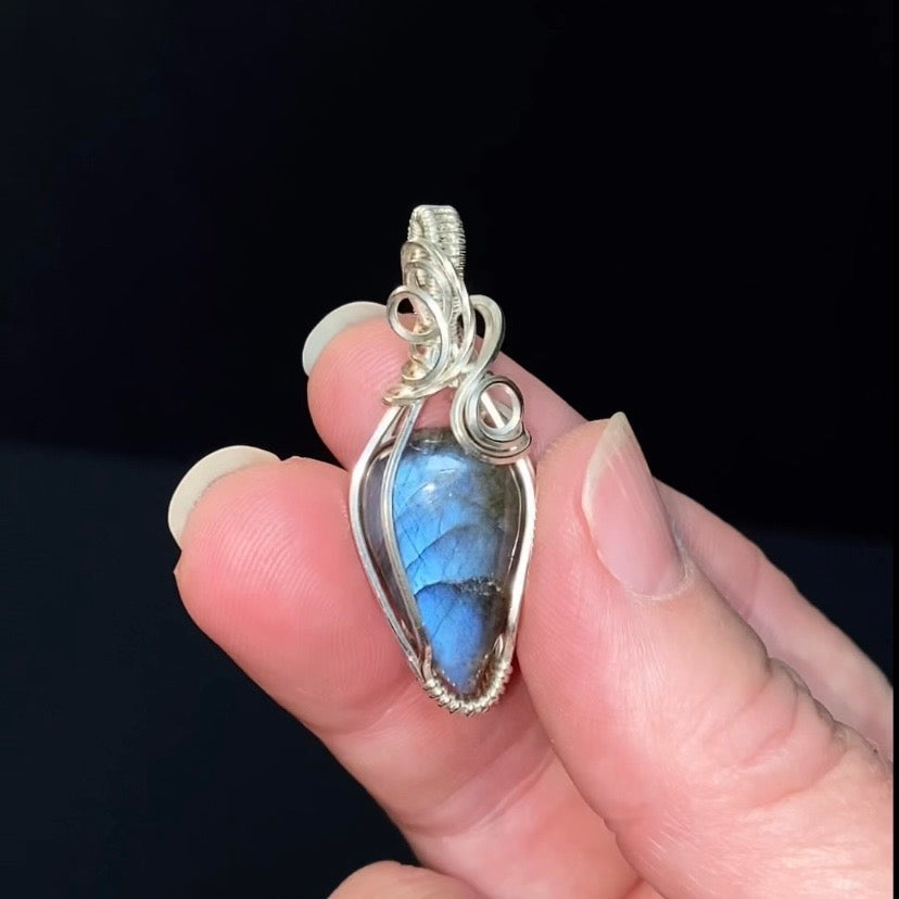 Blue Flash Labradorite and Sterling Silver Wire Wrapped Pendant, Natural Stone Crystal Jewelry
