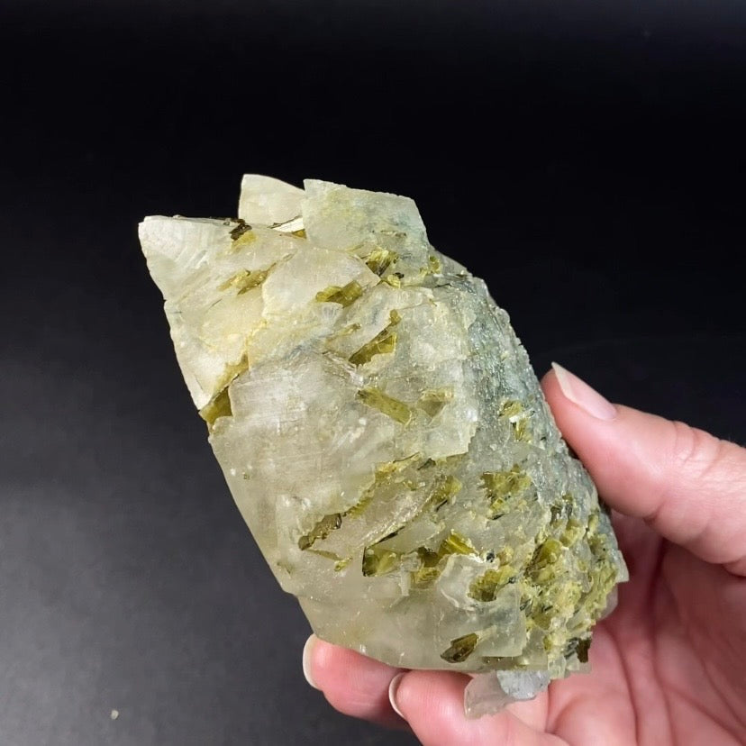 Double Terminated Scalenohedral Dog Tooth Calcite Crystal with Epidote