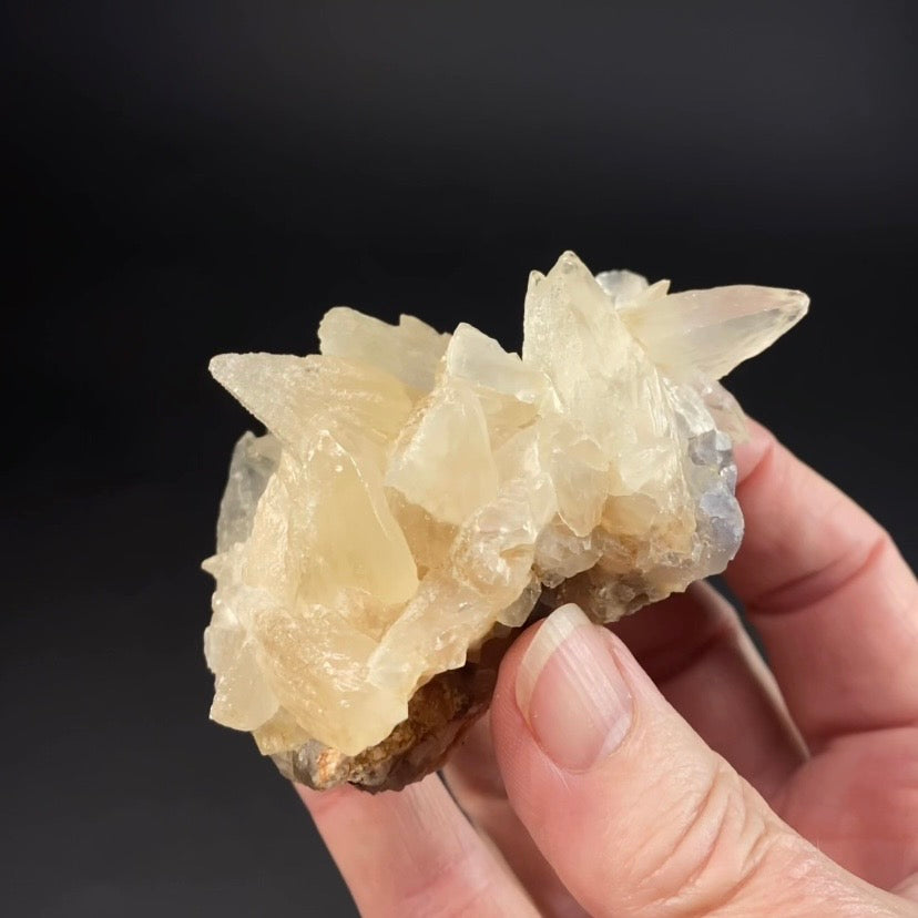 Scalenohedral DogTooth Calcite on Blue Purple Fluorite Matrix, UV Reactive, Fluorescent