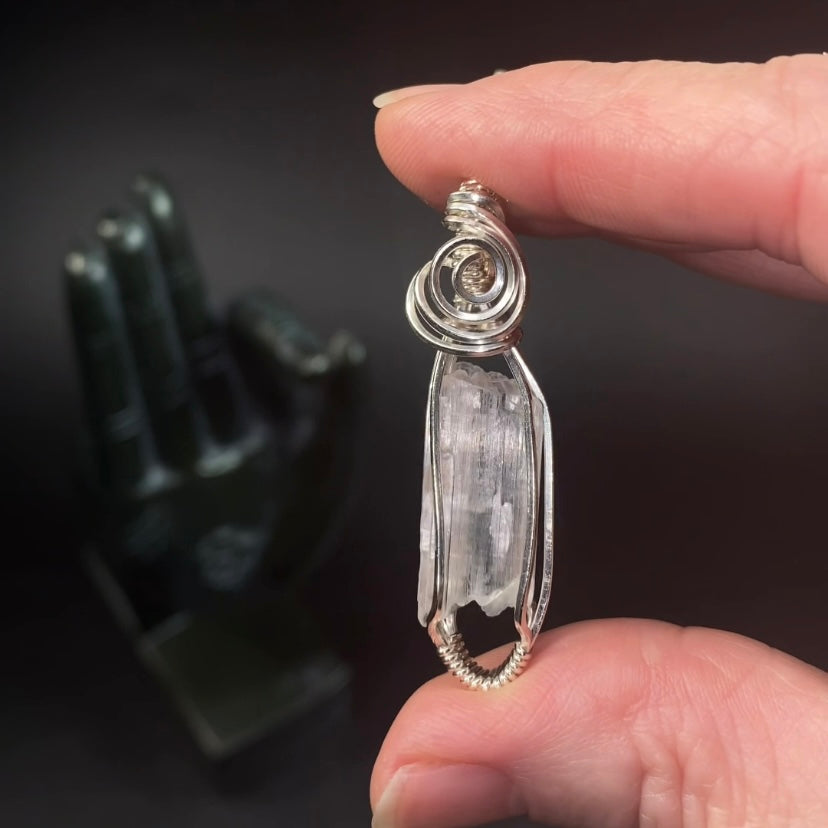 Clear Spodumene Kunzite Crystal & Sterling Silver Wire Wrapped Pendant