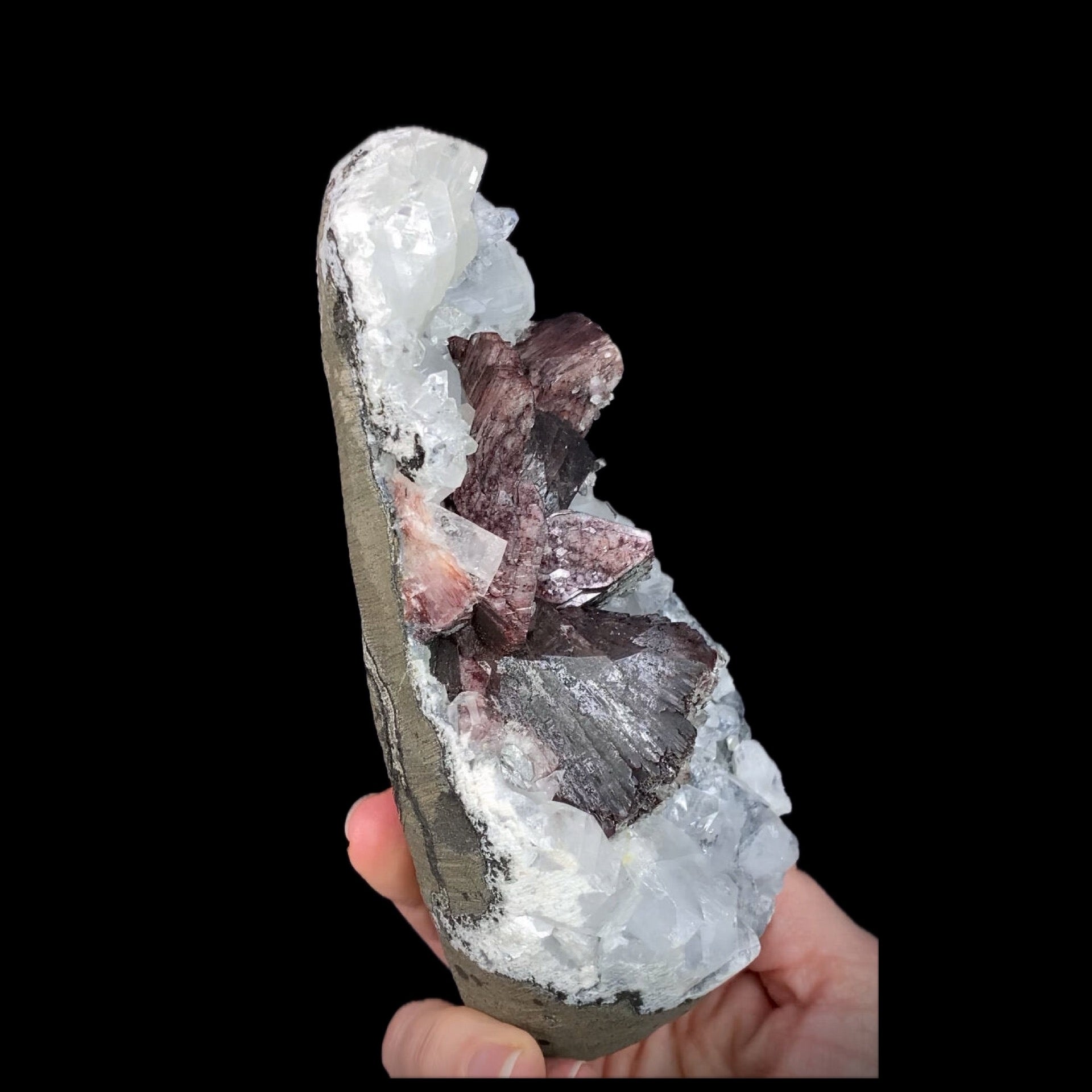 Rare Brown Heulandite Fans with Clear Apophyllite Crystals & Stalactite Chalcedony in a Trimmed-out Pocket of Volcanic Basalt Matrix