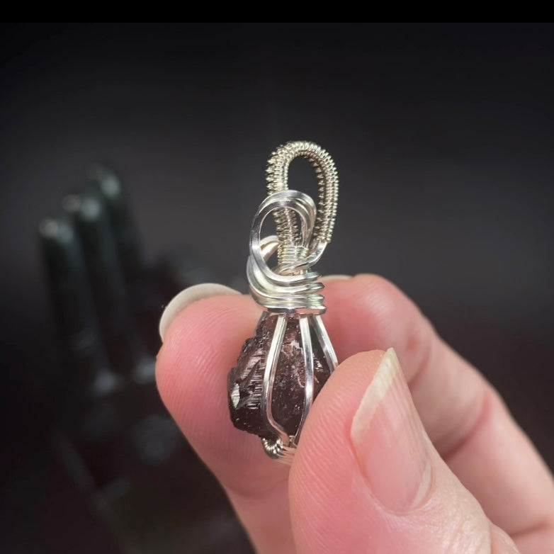 Natural Etched Garnet and Sterling Silver Wire Wrapped Pendant