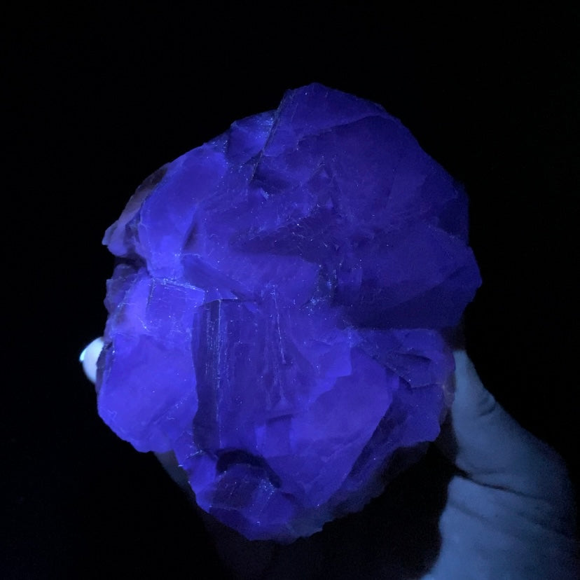 Purple and Blue Stepped Cubic Fluorite Cluster with Calcite, Fluorescent
