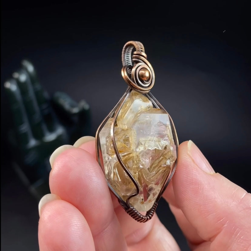 Fluorescent Skeletal Fenster Quartz & Copper Wire Wrapped Pendant