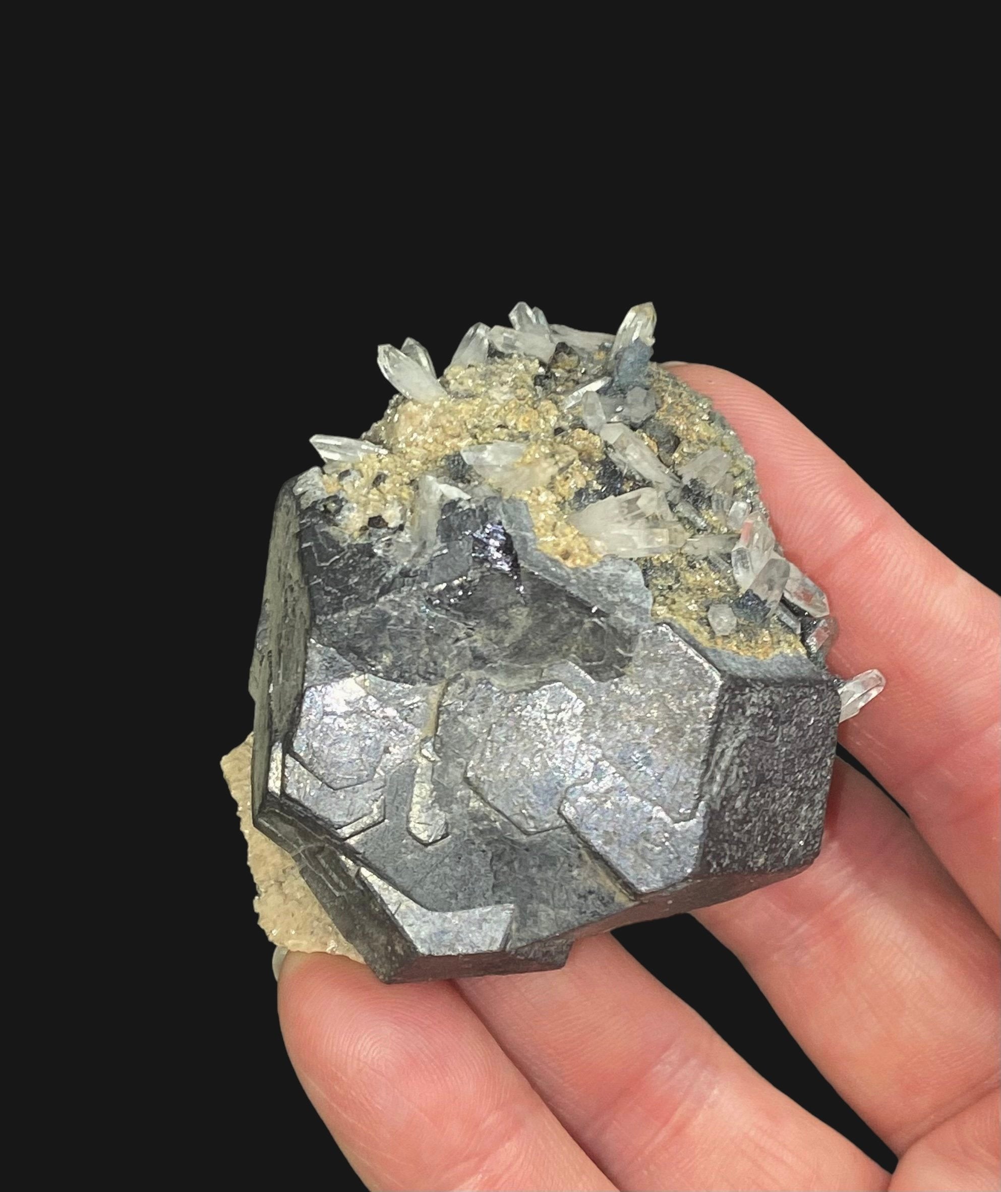 Kosovo Natural Galena Crystal Cluster with Clear Tipped Quartz Crystals and Tan Dolomite from Trepça Mines Kosovo