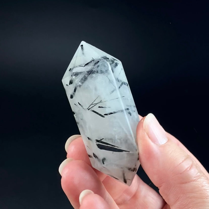 Clear Polished Double Terminated Quartz Crystal with Black Tourmaline Inclusions