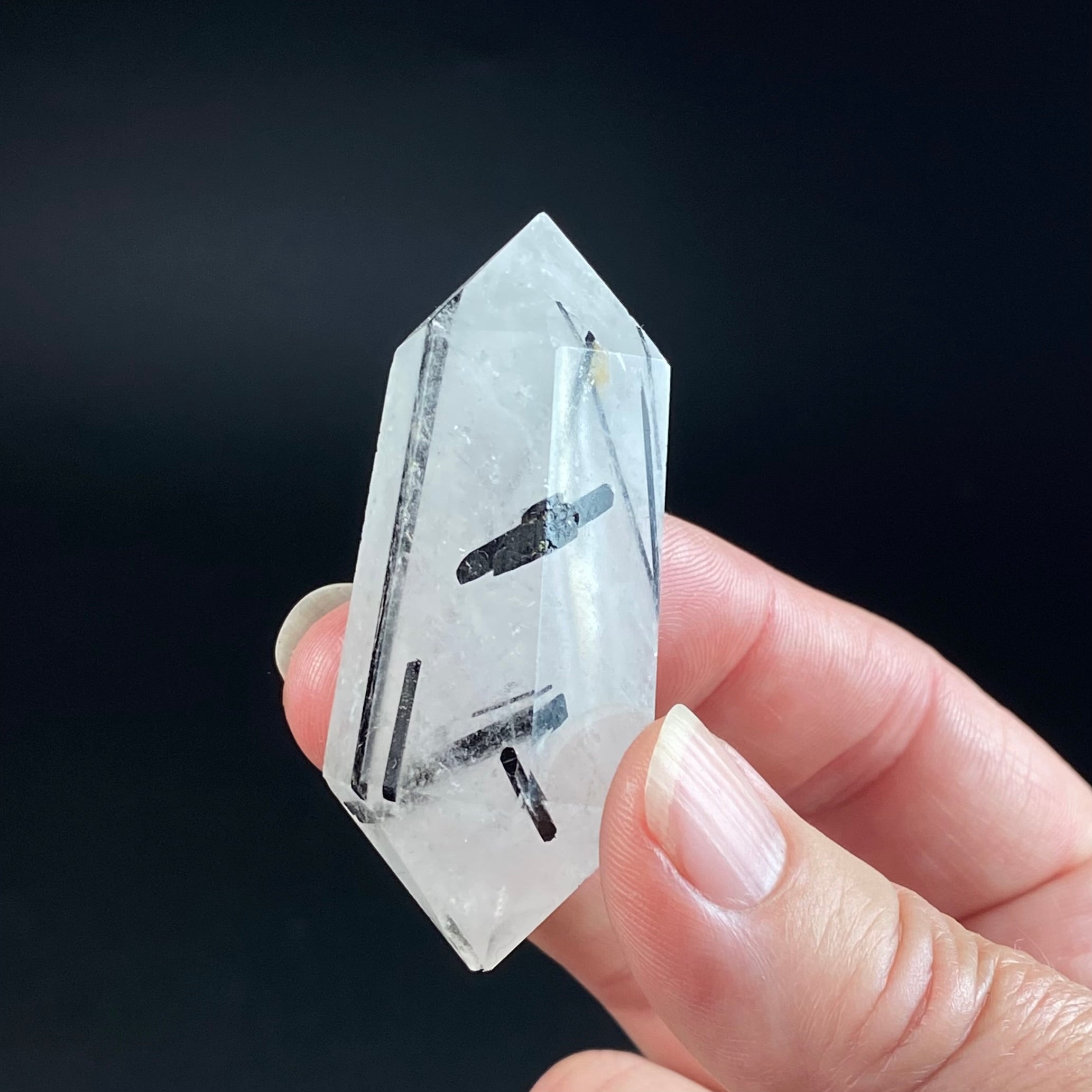 Clear Polished Double Terminated Quartz Crystal with Black Tourmaline Inclusions
