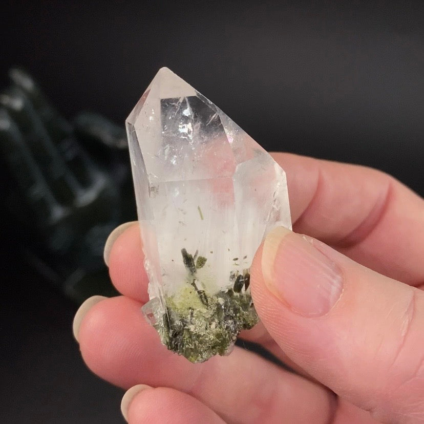 Channeling Quartz Crystal with Epidote Crystals & White Byssolite Whisps - Natural Crystals