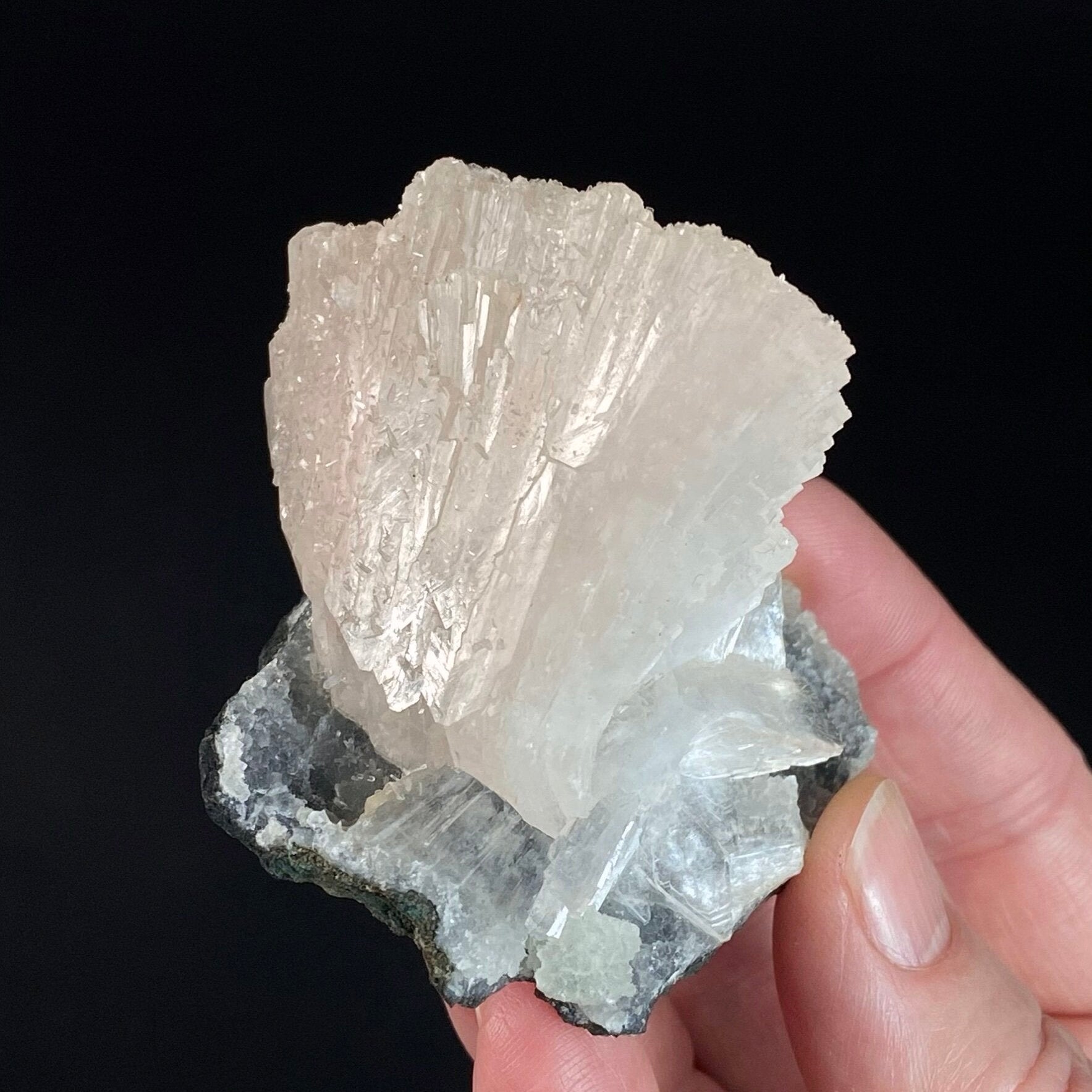 Gemmy Pale Pink Heulandite Fan with Chalcedony with Minor Basalt Matrix Remnant