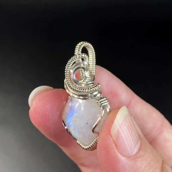 Blue Rainbow Flash Moonstone & Sterling Silver Wire Wrapped Pendant