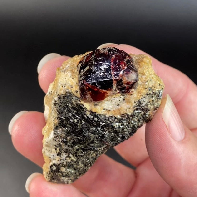 Zircon Crystal with Fluorescent Apatite Inclusions, Biotite-Calcite Aegirine matrix, Astore Valley, Pakistan