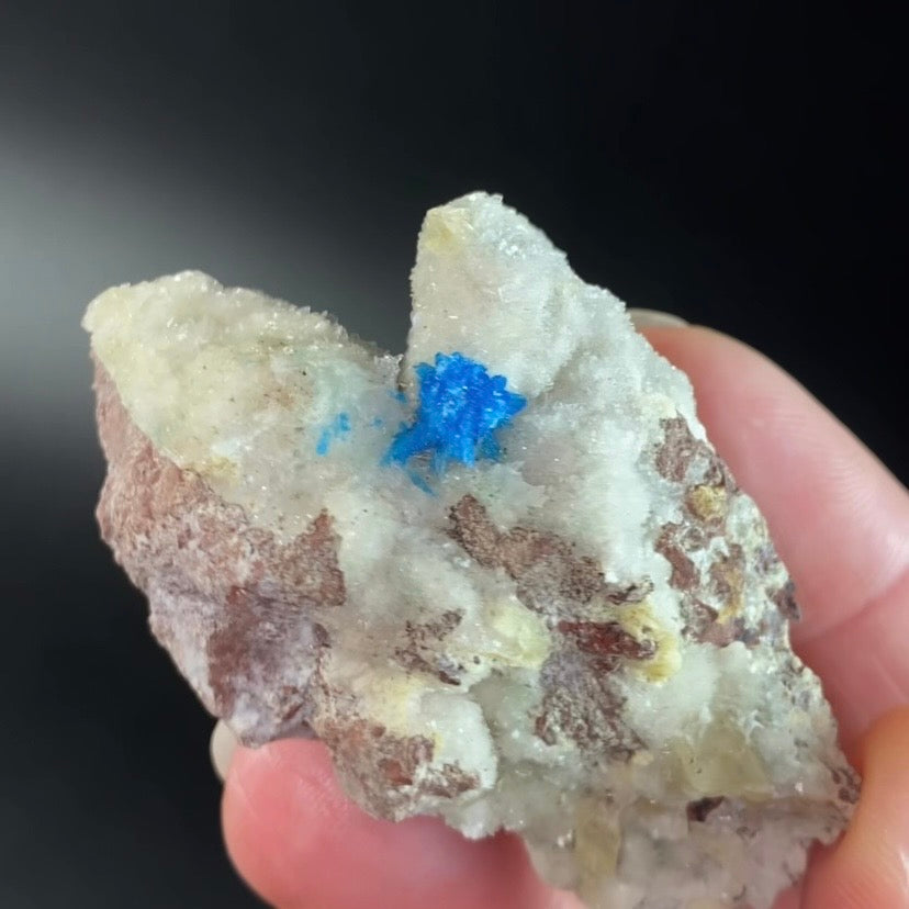 Vibrant Blue Cavansite / Pentagonite Cluster with Phosphorescent Calcite Crystals on Druzy Stilbite Over Basalt Matrix