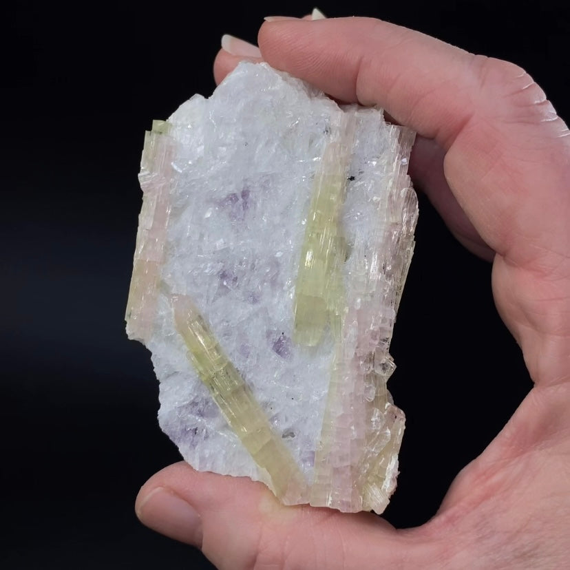 Lustrous Green and Pink Tourmaline Crystals on Lepidolite & Clevelandite Matrix