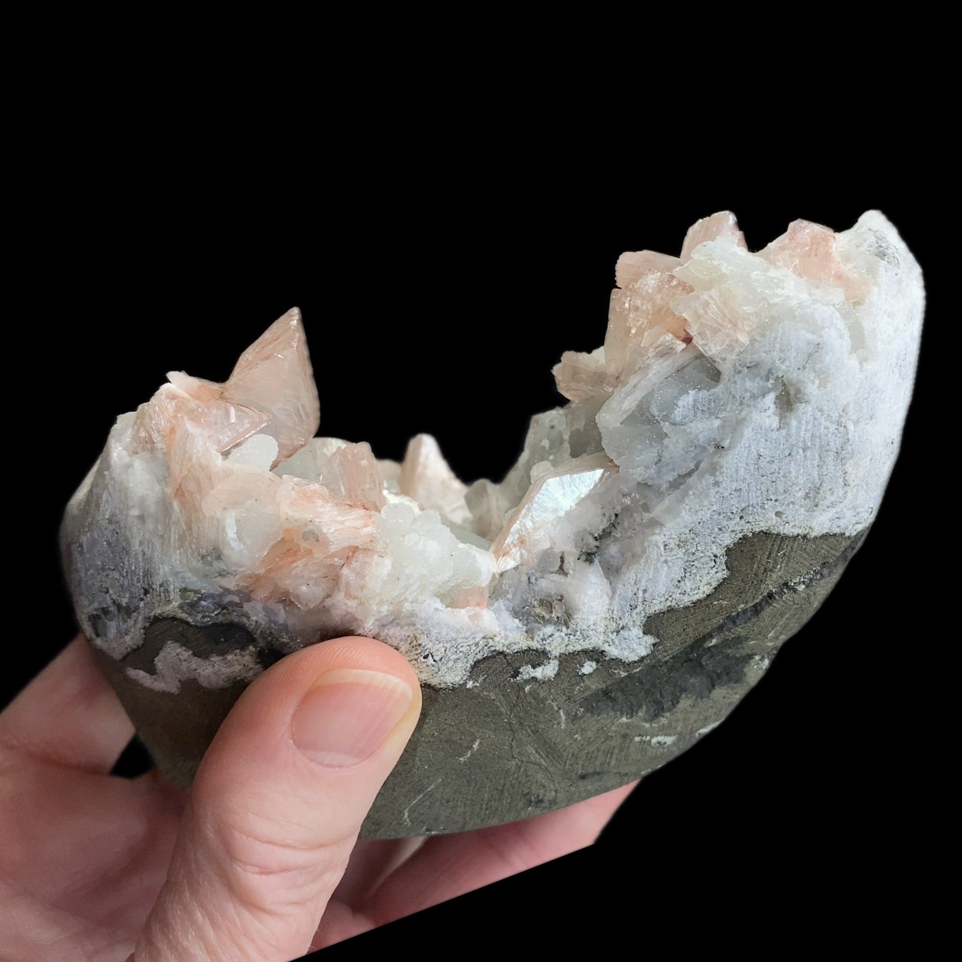 Pink Gemmy Heulandite Crystals with Chalcedony in a Trimmed Basalt Pocket