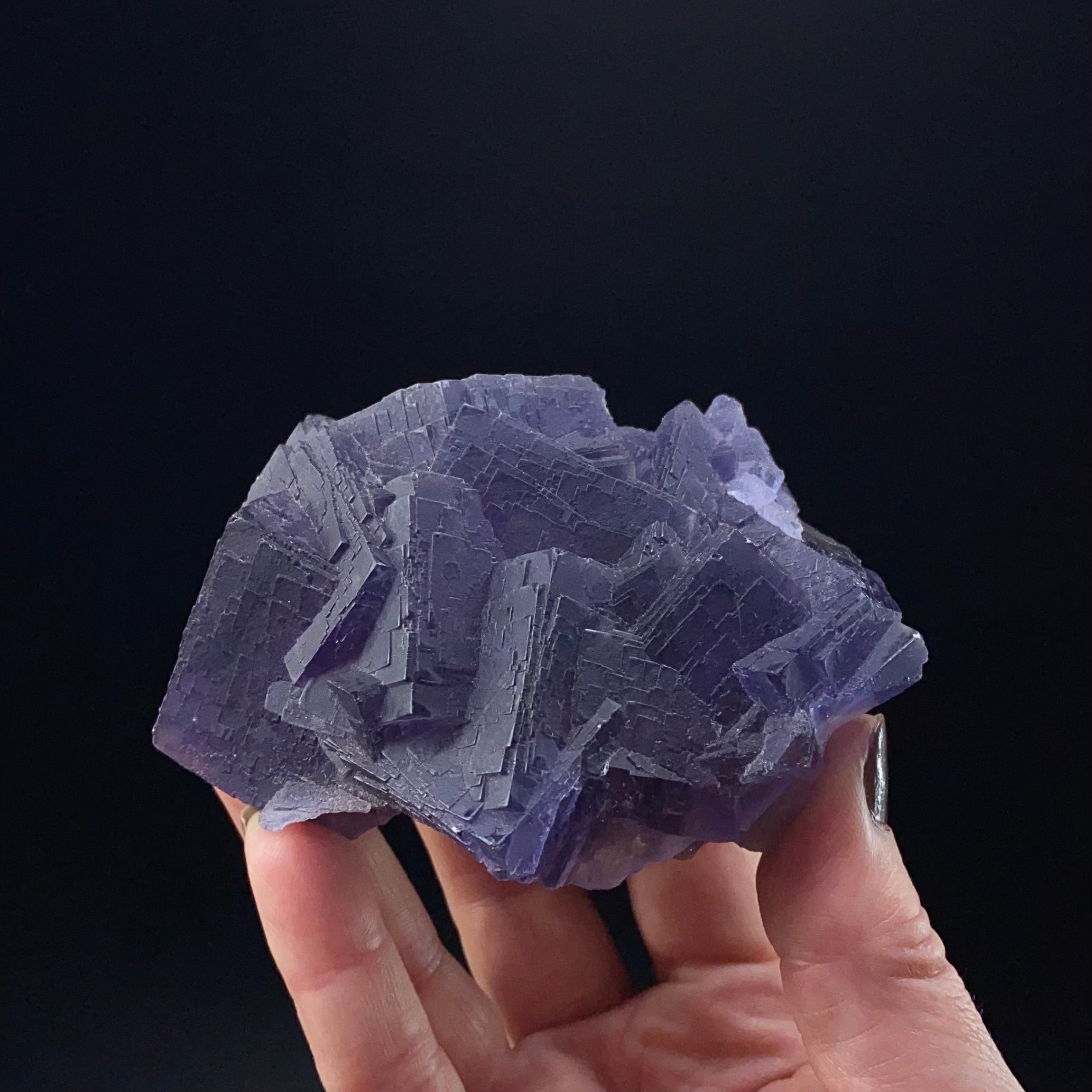 Purple and Gray Stepped Cubic Fluorite Cluster, Fluorescent