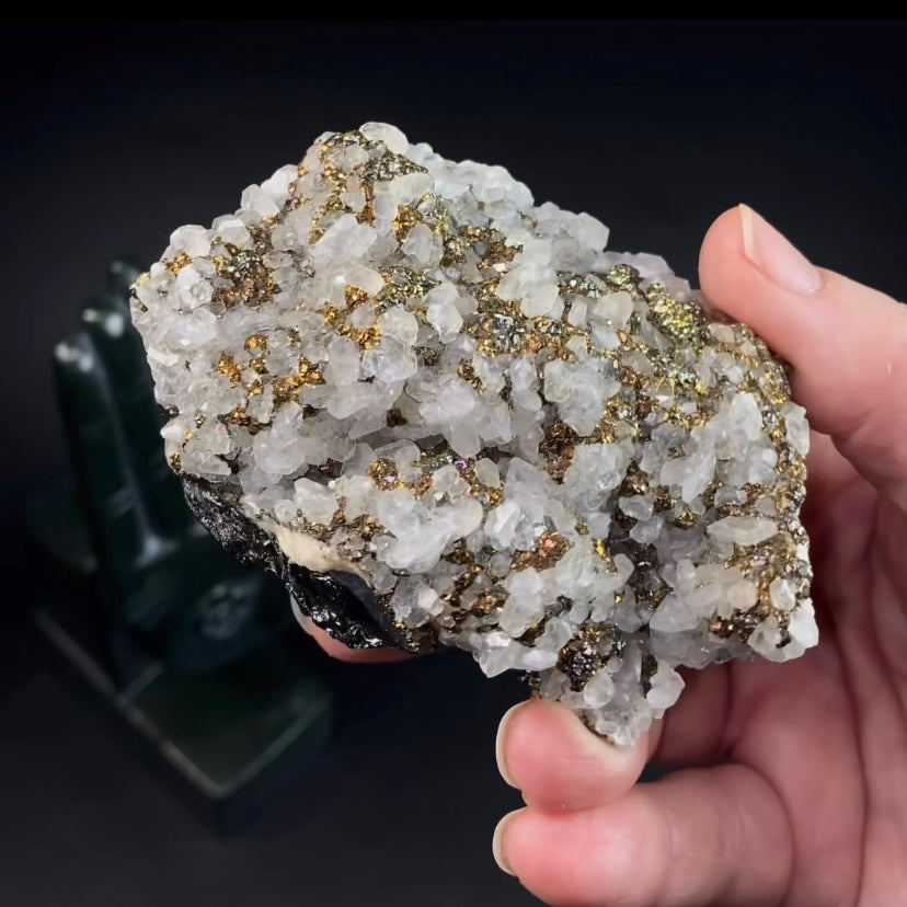 Rainbow Iridescent Pyrite & Fluorescent Calcite on Sphalerite Matrix