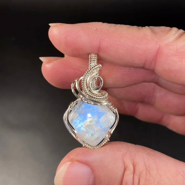 Blue Rainbow Flash Moonstone & Sterling Silver Wire Wrapped Pendant