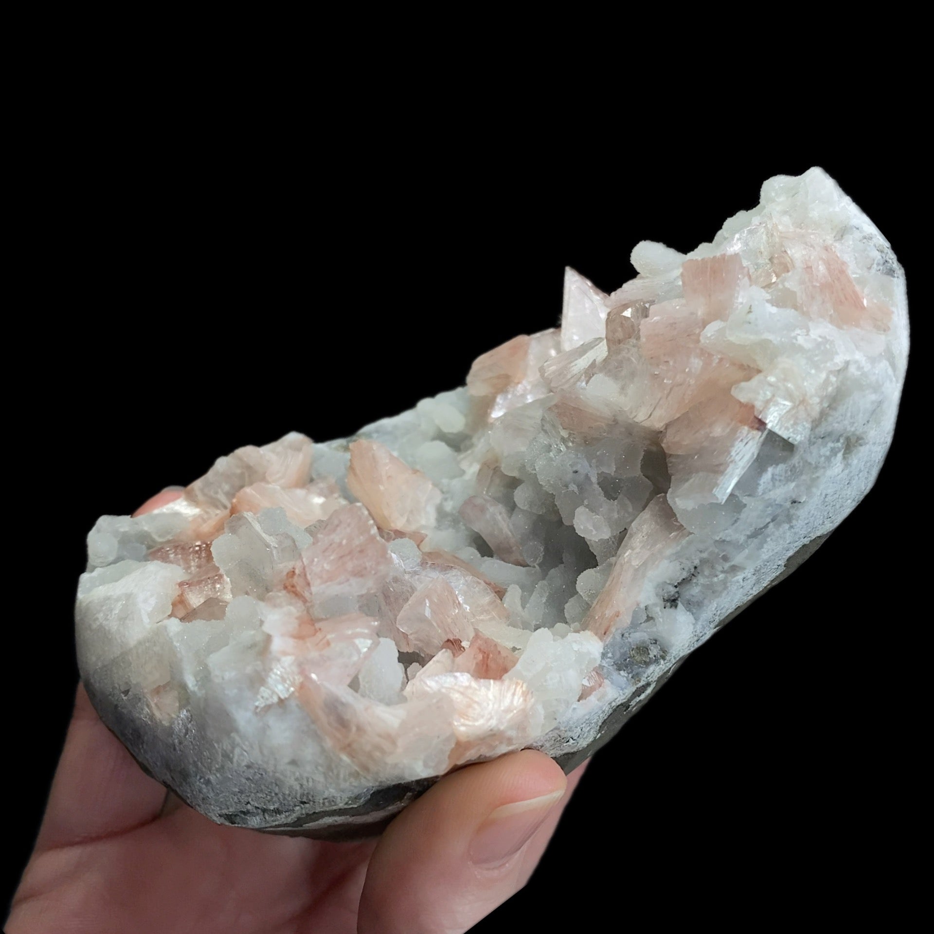 Pink Gemmy Heulandite Crystals with Chalcedony in a Trimmed Basalt Pocket