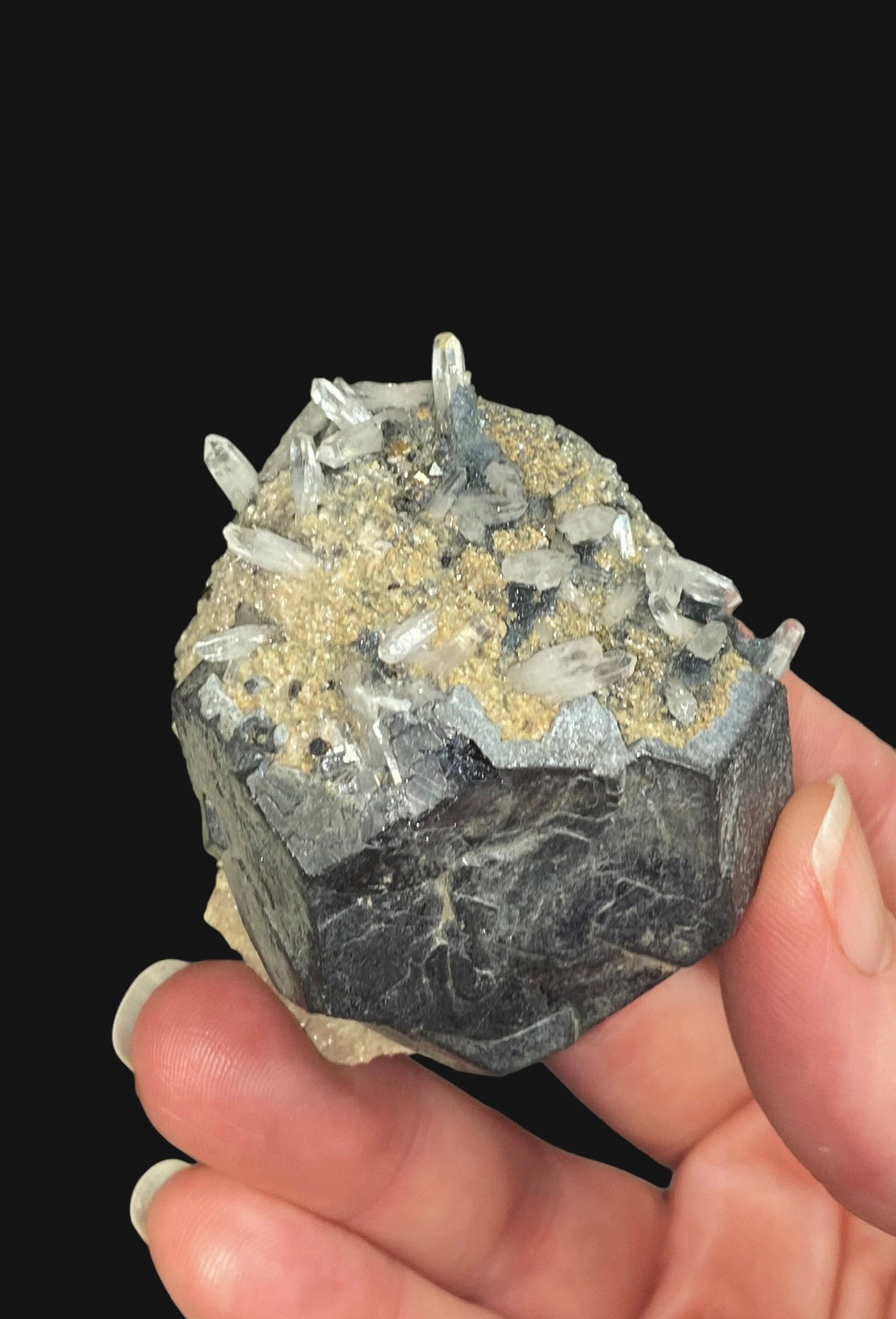 Kosovo Natural Galena Crystal Cluster with Clear Tipped Quartz Crystals and Tan Dolomite from Trepça Mines Kosovo